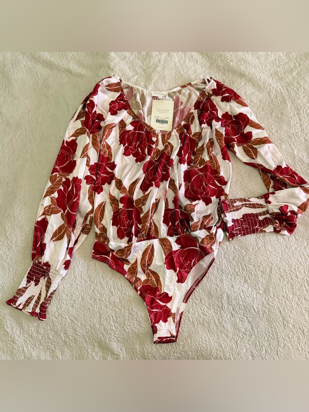 Floral Long-Sleeve Bodysuit in Red and Brown